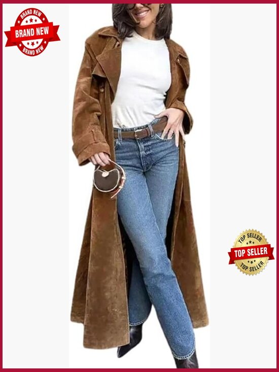 Jackets & Blazers - Faux Suede Open Front Long Trench Coat Double Breasted Maxi Overcoat with Belt